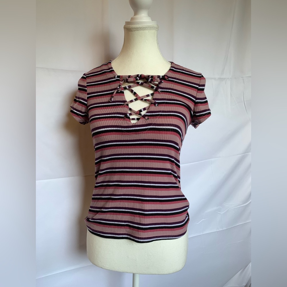 Women’s Small Striped Lace-Up Baby Tee Y2K Gilmore Girl Sabrina Whimsigoth Witch